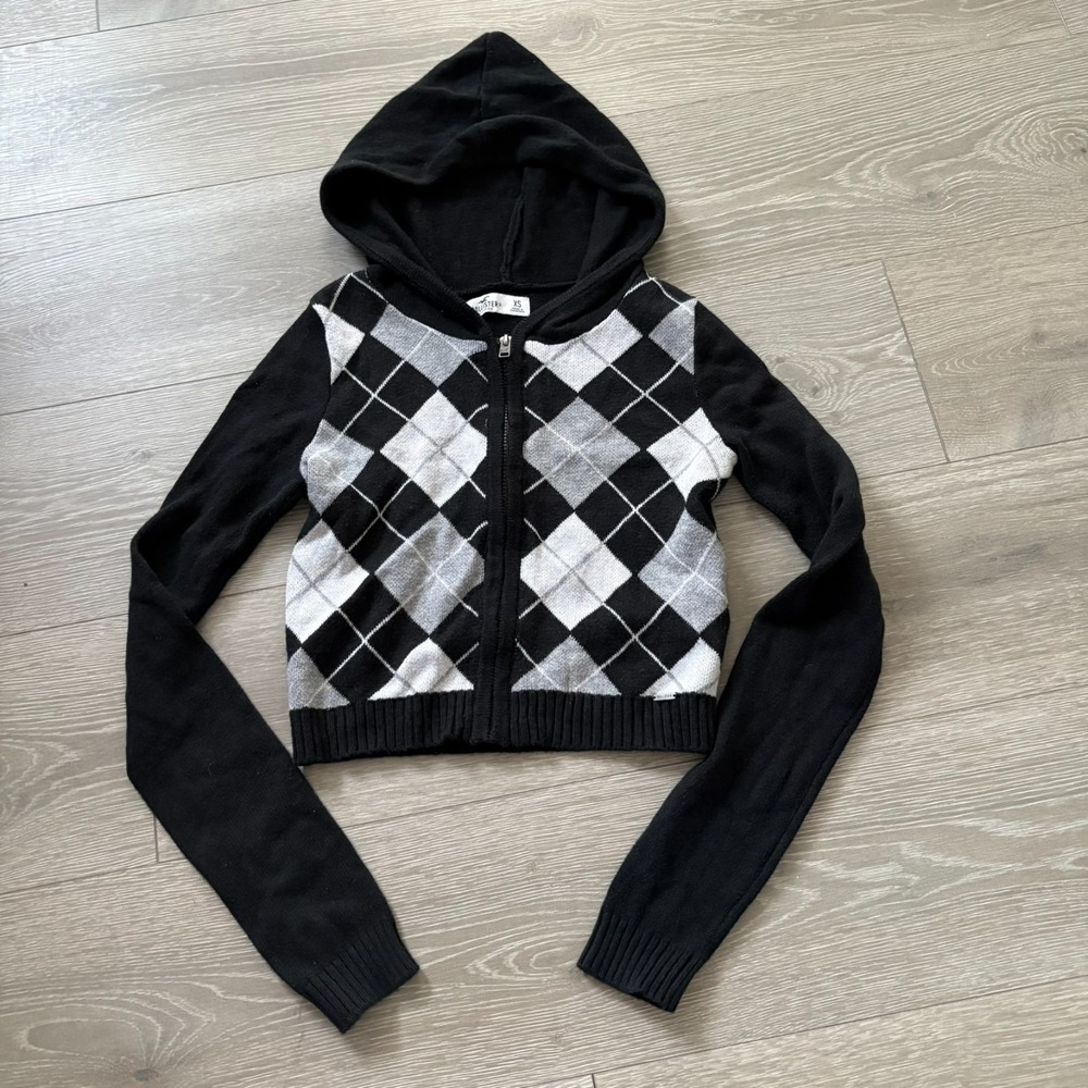Hollister Womens Black White Argyle Cropped Full Zip Hooded Sweater Size XS